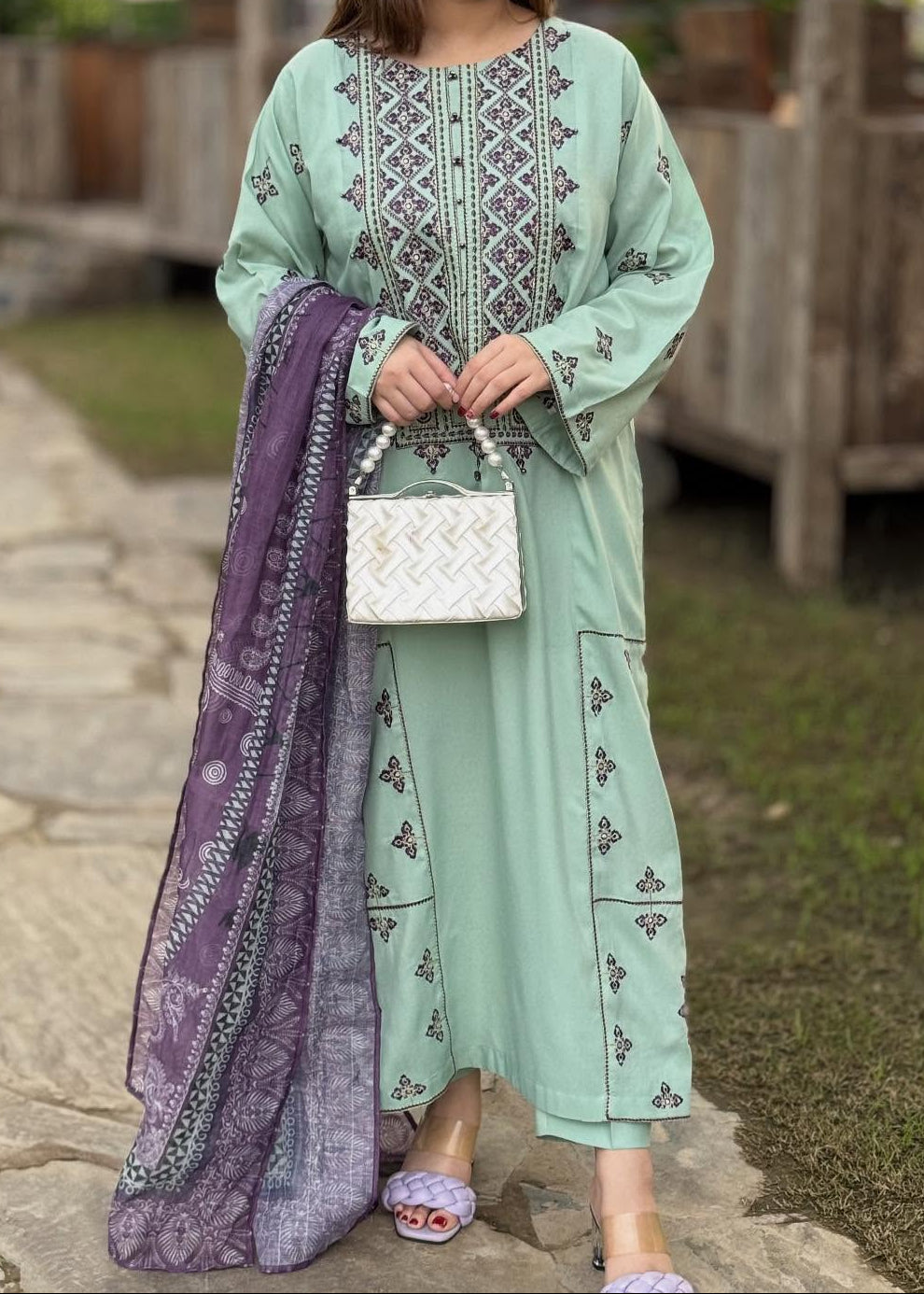 Grace W1002-Embroidered 3pc Marina Dress With Printed Shawl.