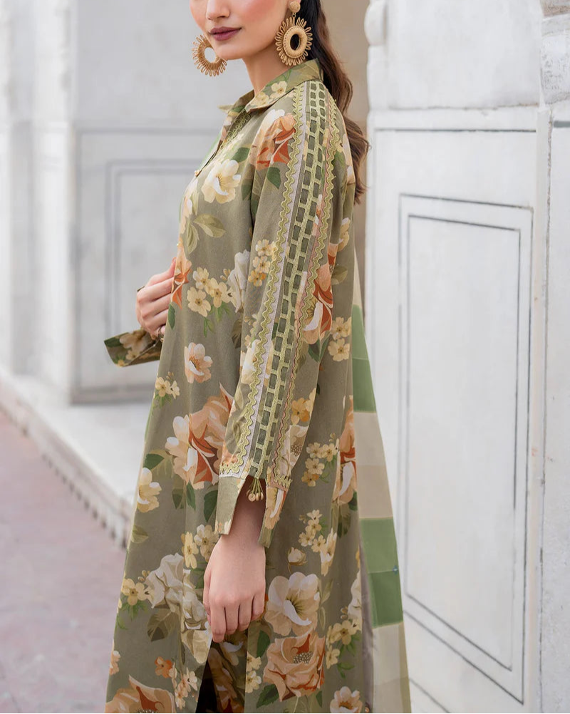 Grace W579-Printed 3pc karandi Dress With Printed karandi Shawl.