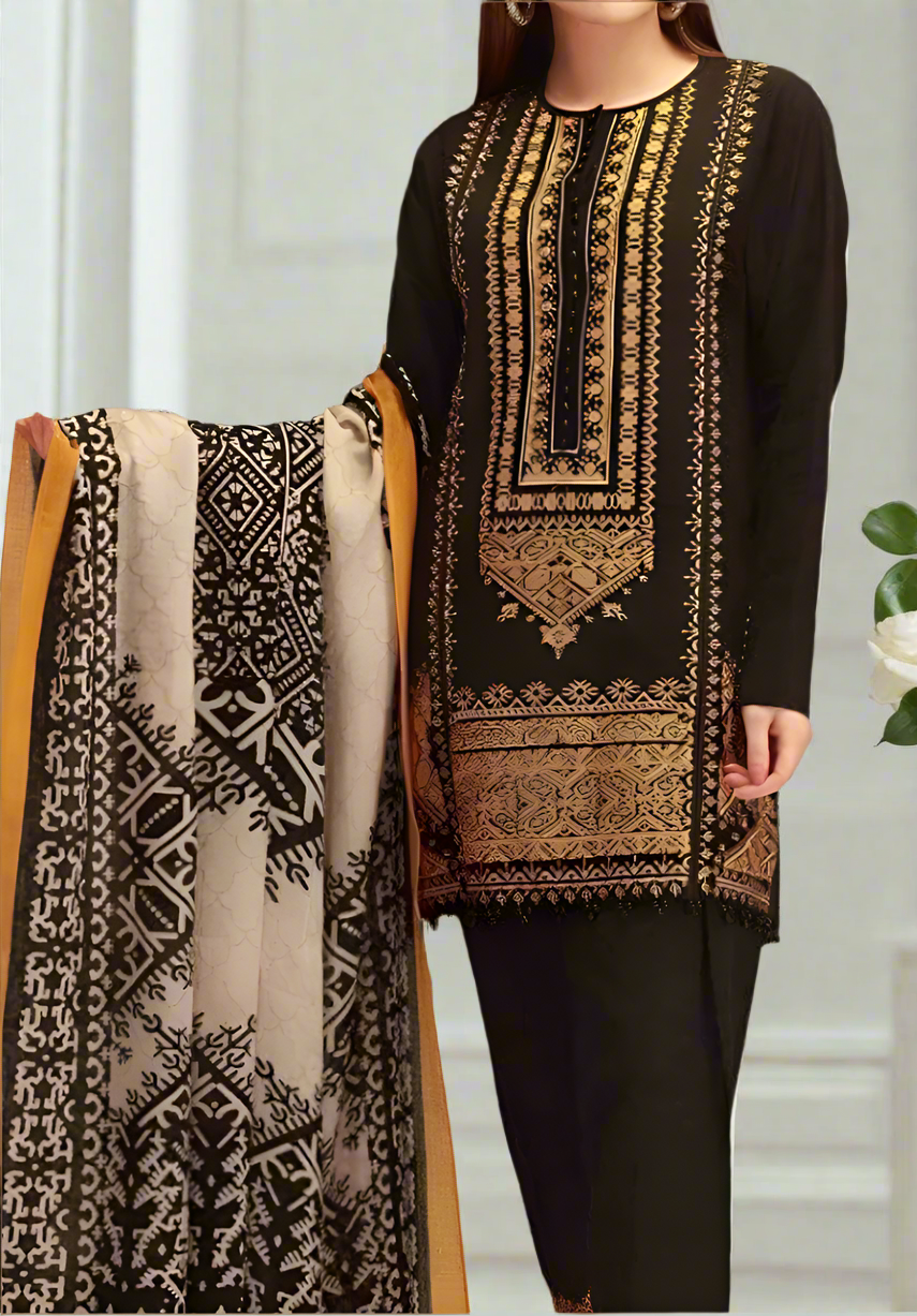 Grace W102 -Embroidered 3pc khaddar dress with printed shawl.