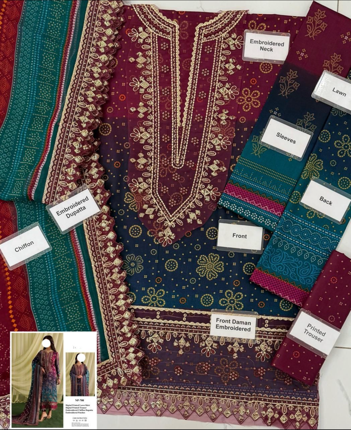 Grace S1297 - Printed & Embroidered 3pc Lawn Dress With Embroidered Sequence Chiffon Dupatta.