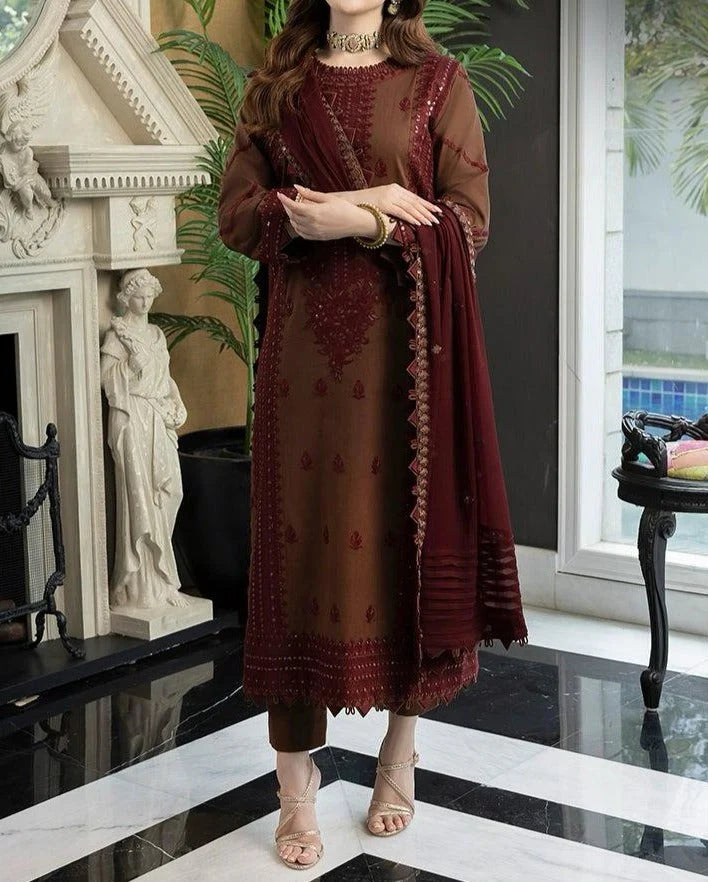 Grace Z-(S665) - Stitched Embroidered 3PC Lawn dress with Embroidered chiffon dupatta.