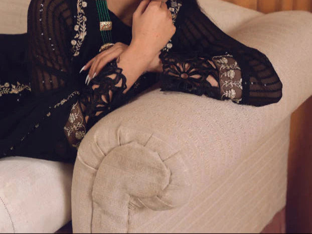 Grace Z-(COLD BLACK) -Stitched Embroidered chiffon 3Pc Suit
