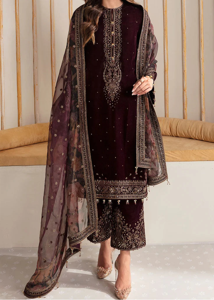 Grace W967-Embroidered 3pc Velvet Dress Dress With Printed Organza Dupatta.