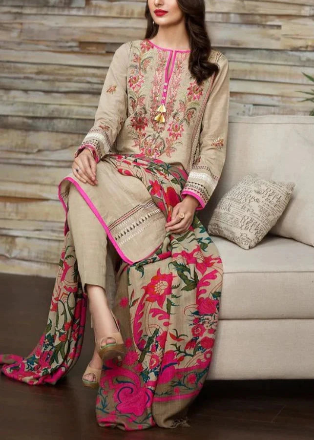 Grace W557-Embroidered 3pc khaddar dress With Printed shawl.