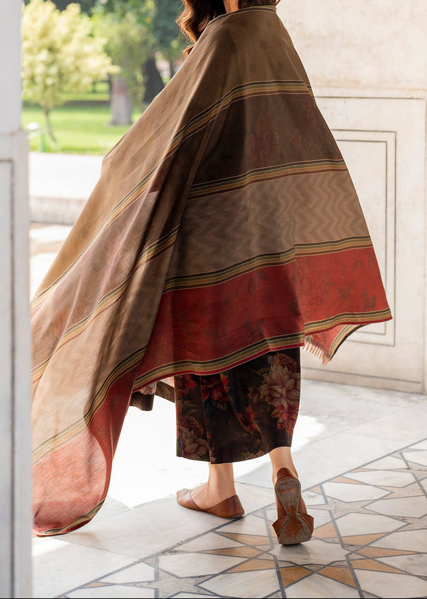 Grace Z-(W763) - Stitched Printed & Embroidered 3pc Karandi Dress With Printed Karandi Shawl.