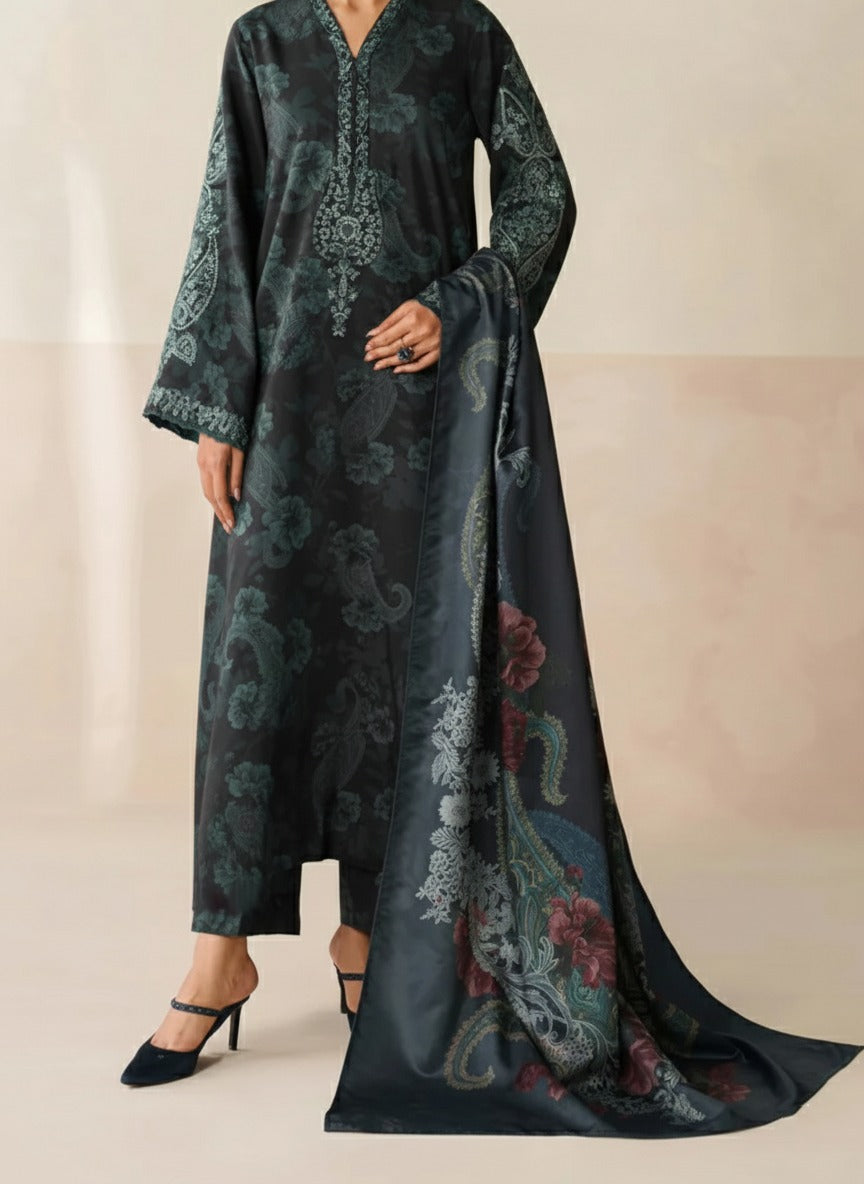 Grace W764 -Digital Printed 3pc Karandi Dress With Digital Printed Karandi Shawl.