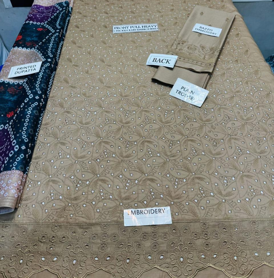 Grace S1028-Embroidered 3PC CHIKANKARI Lawn Dress With Embroidered CHIKANKARI Munar Dupatta.