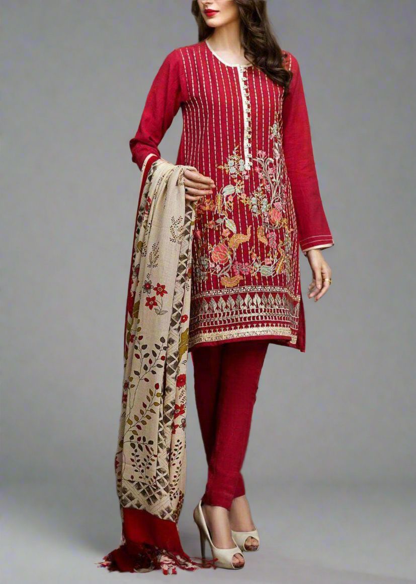 Grace W534-Embroidered 3pc khaddar dress With Printed shawl.