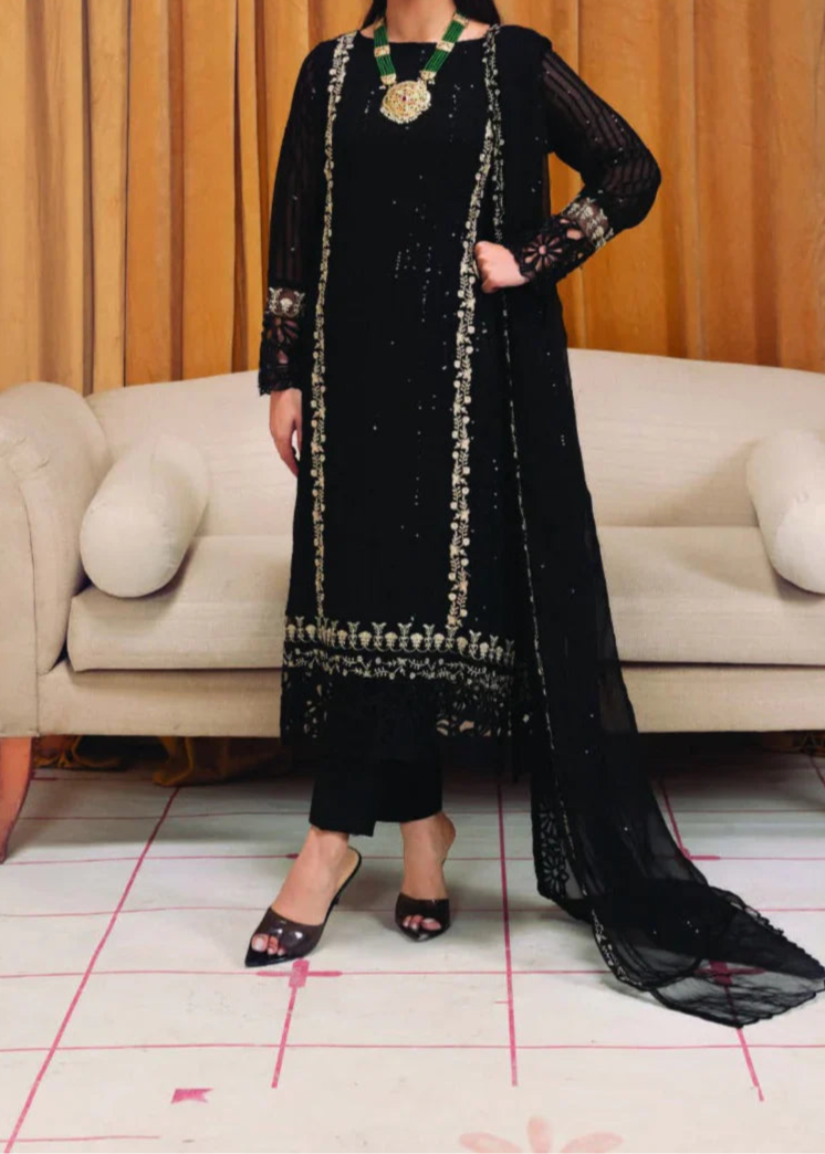 COLD BLACK– Embroidered Chiffon Unstitched 3Pc Suit.
