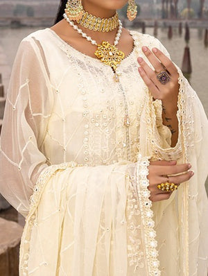 Ivory White– Chiffon Embroidered Unstitched 3pc Suit