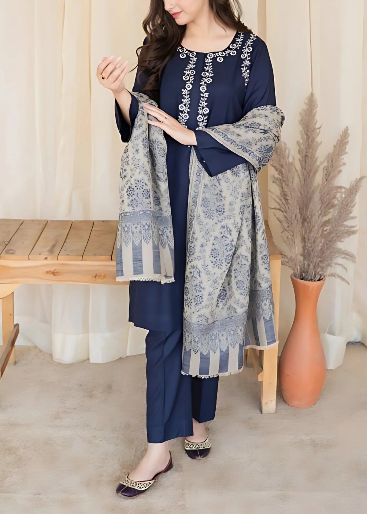 Grace W494-Embroidered 3pc khaddar dress With Printed Wool shawl.