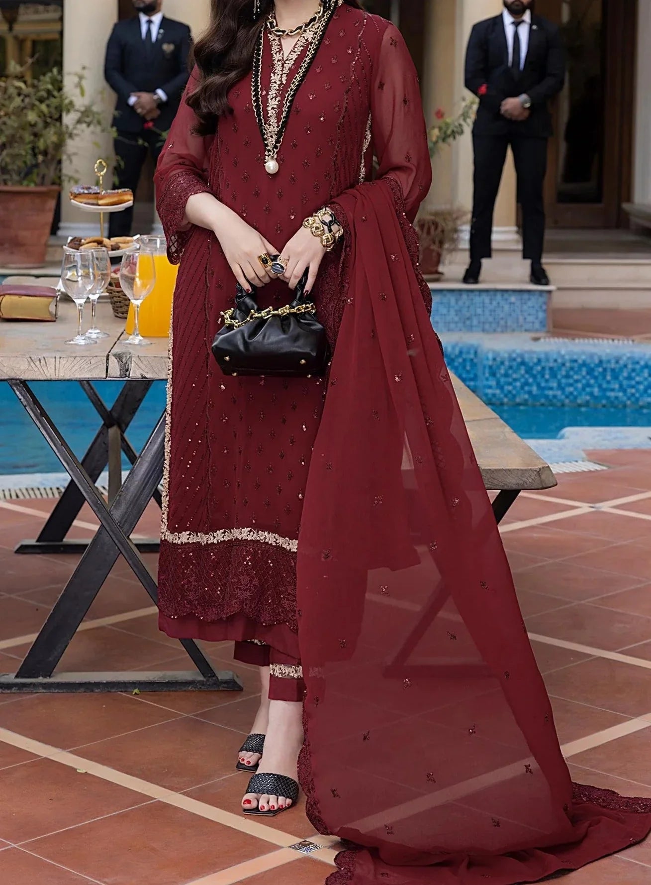 Grace Z - (SCARLET) - Stitched Embroidered Chiffon 3PC Suit.