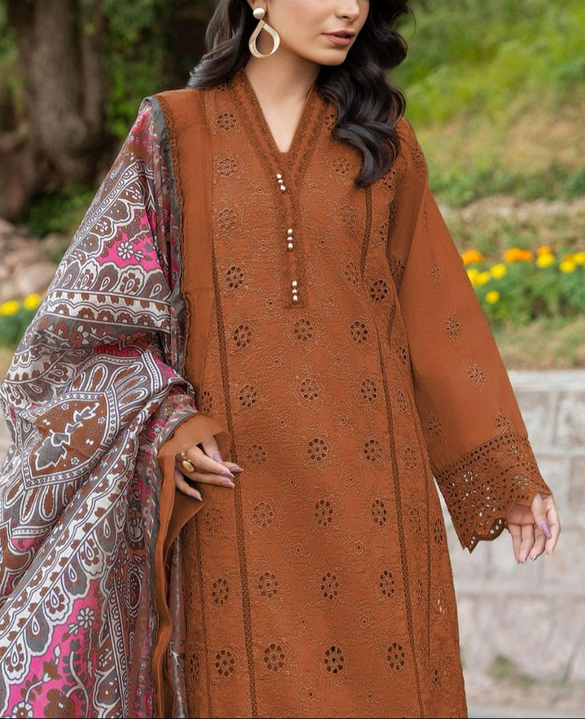 Grace S953-Embroidered 3PC CHIKANKARI Lawn Dress With Printed Munar Dupatta.