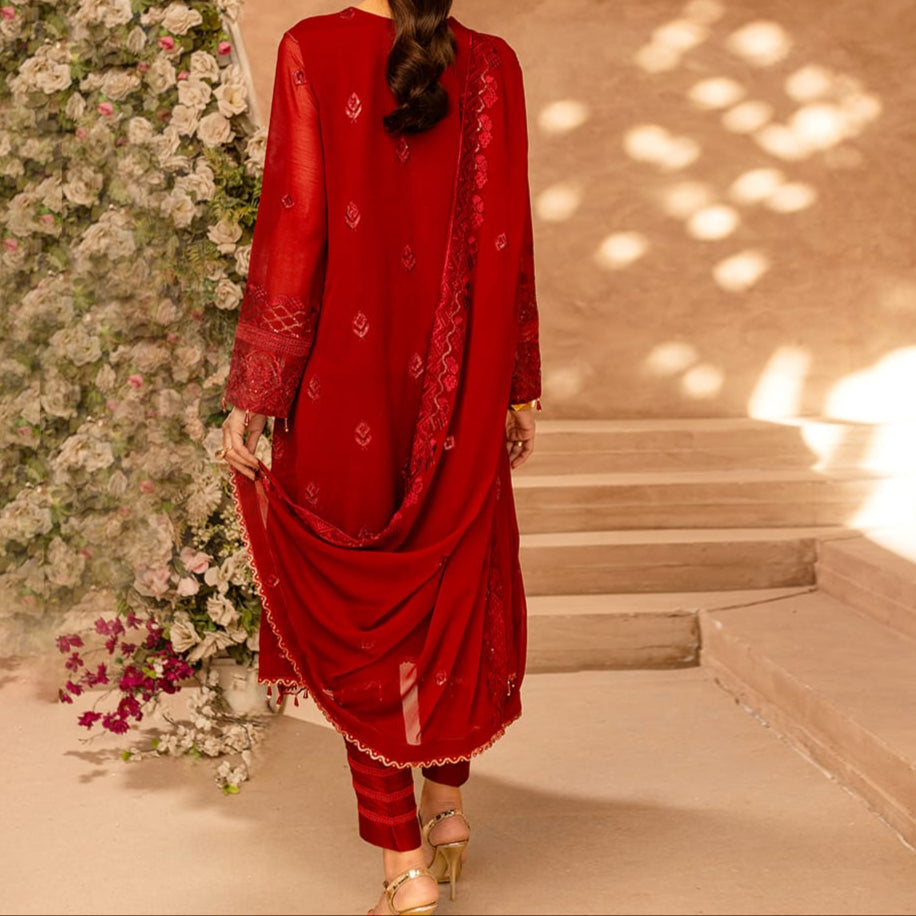 WINE SCARLET– Embroidered Chiffon Unstitched 3Pc Suit.