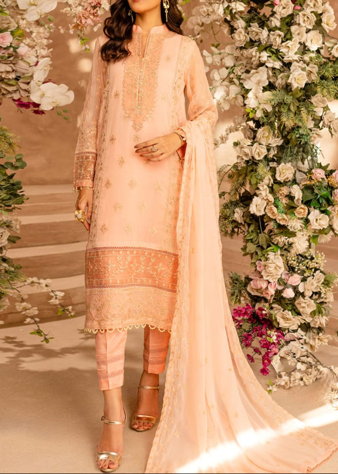 PEACH DELIGHT– Embroidered Chiffon Unstitched 3Pc Suit.