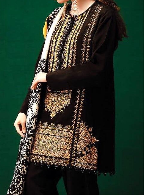 Grace W102 -Embroidered 3pc khaddar dress with printed shawl.