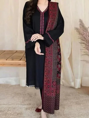 Grace W404- Embroidered 3pc marina dress with Printed wool shawl.