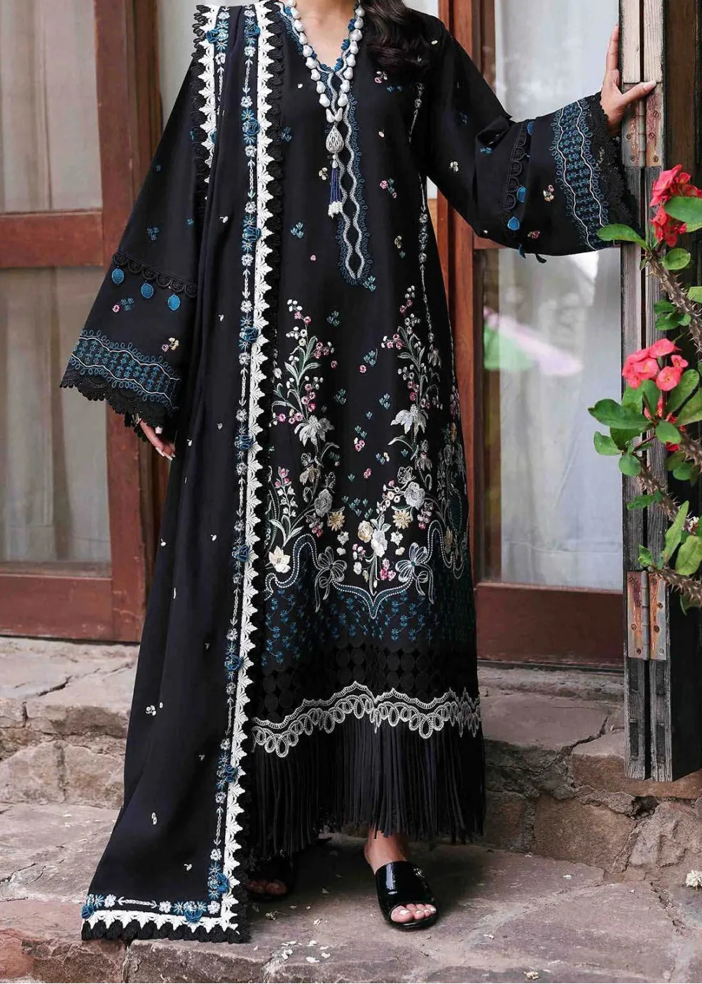 Grace Z-(W787) - Stitched Embroidered 3pc Marina Dress With Embroidered Marina Shawl.