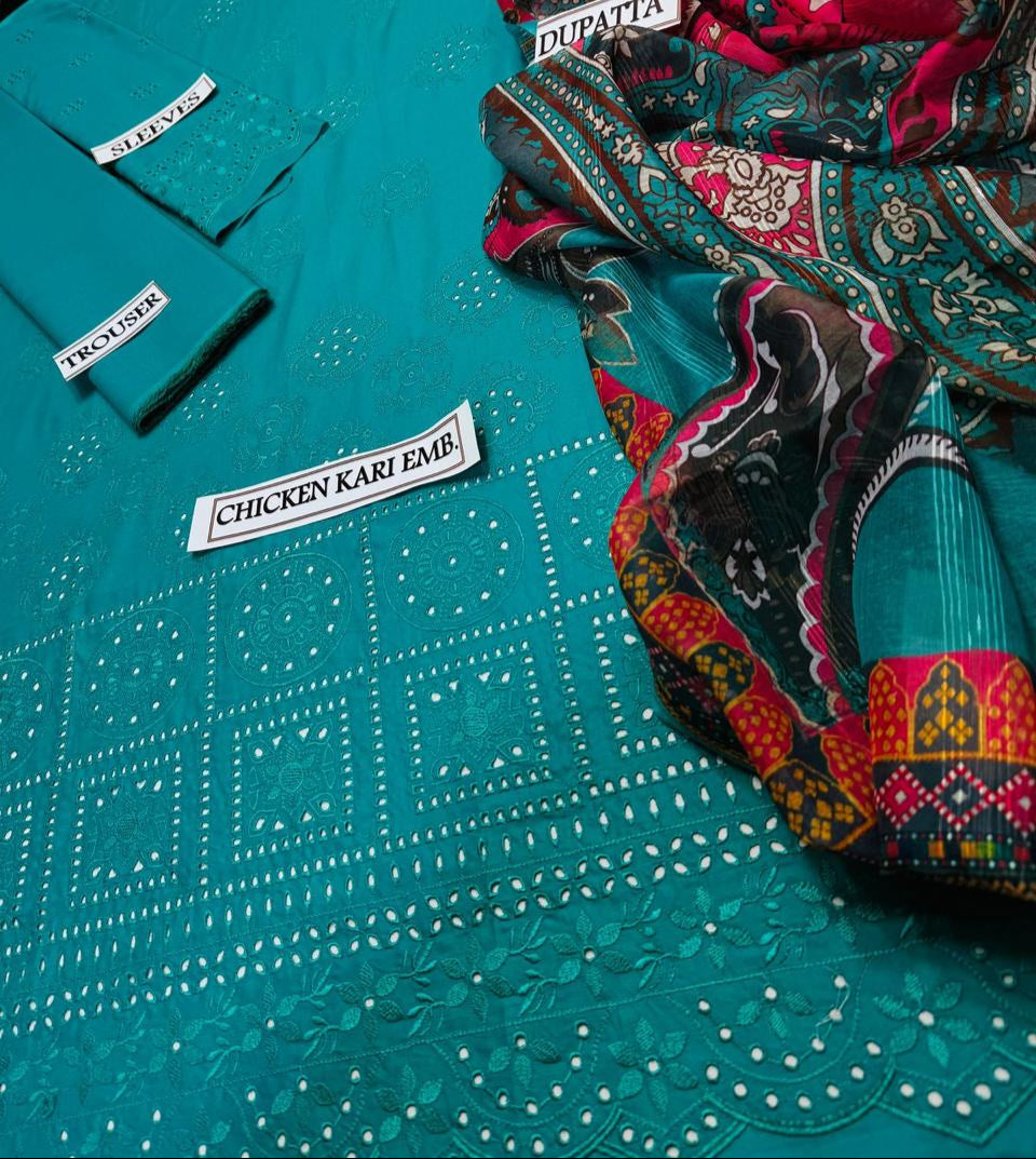 Grace S954-Embroidered 3PC CHIKANKARI Lawn Dress With Printed Munar Dupatta.