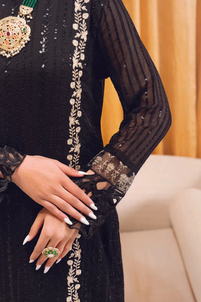 COLD BLACK– Embroidered Chiffon Unstitched 3Pc Suit.