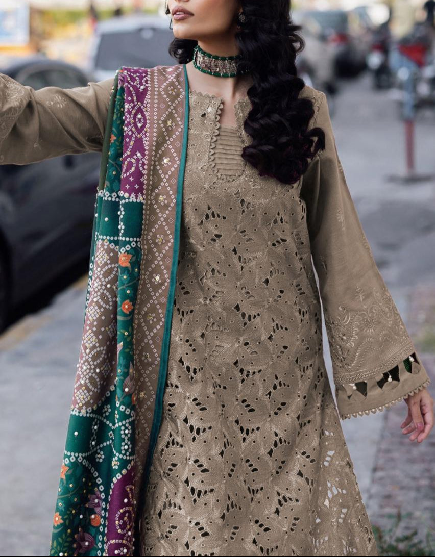 Grace S1028-Embroidered 3PC CHIKANKARI Lawn Dress With Embroidered CHIKANKARI Munar Dupatta.