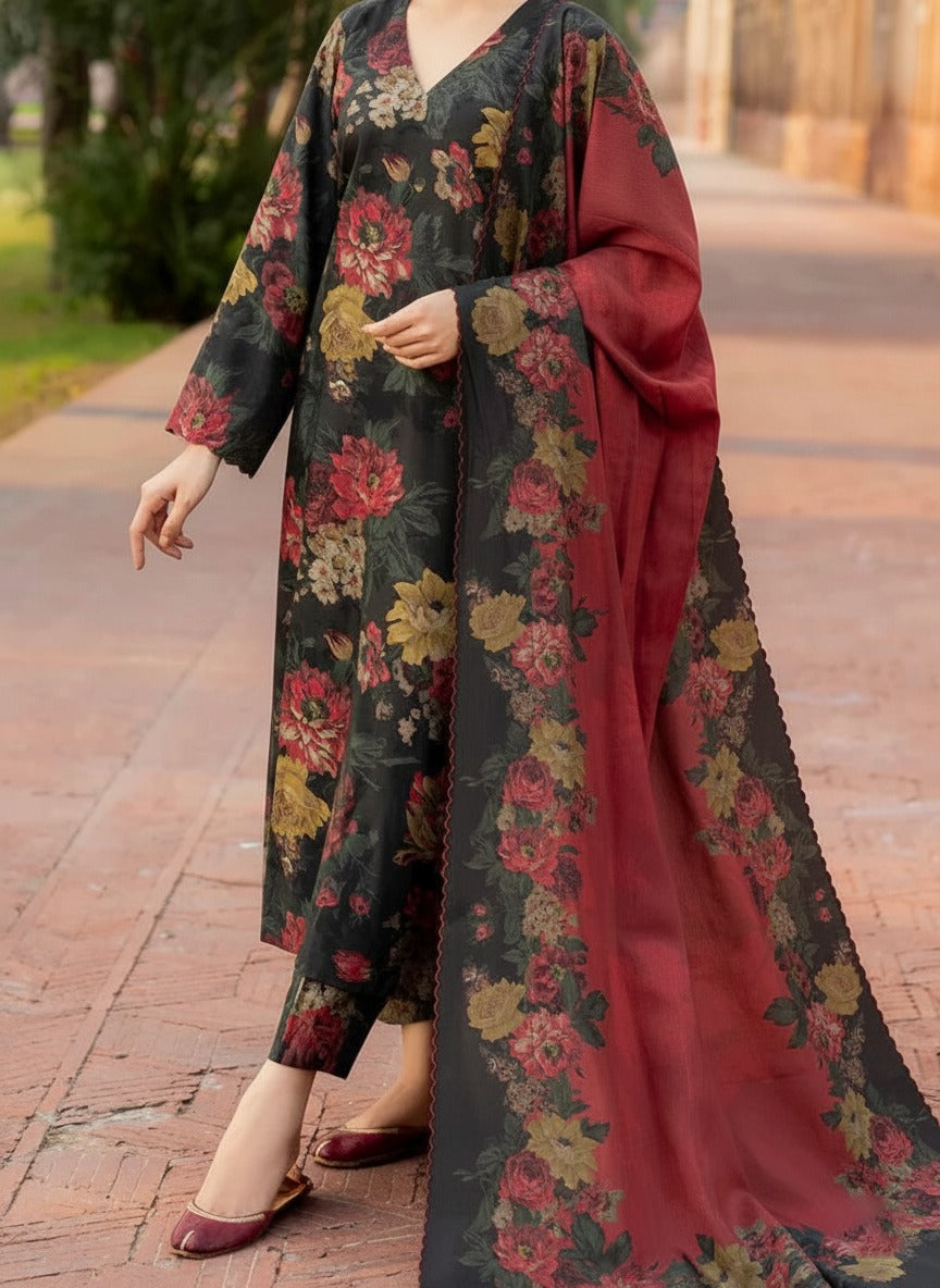 Grace W802 - Digital Printed 3pc Karandi Dress With Digital Printed Karandi Shawl.