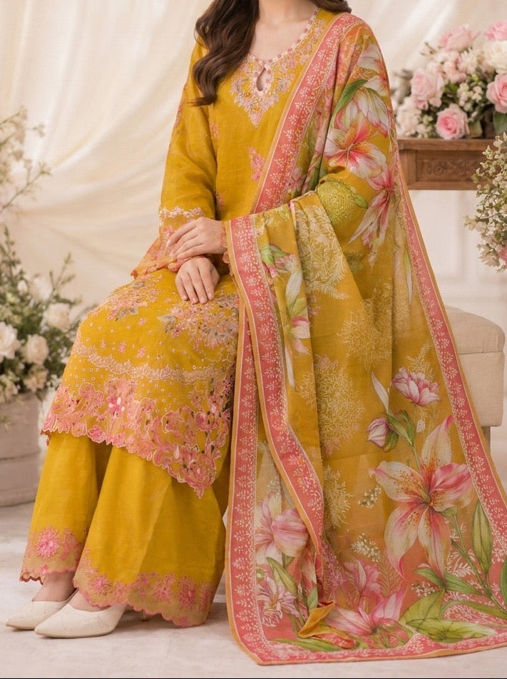 Grace W1099 - Embroidered 3pc Marina Dress With Printed Shawl.