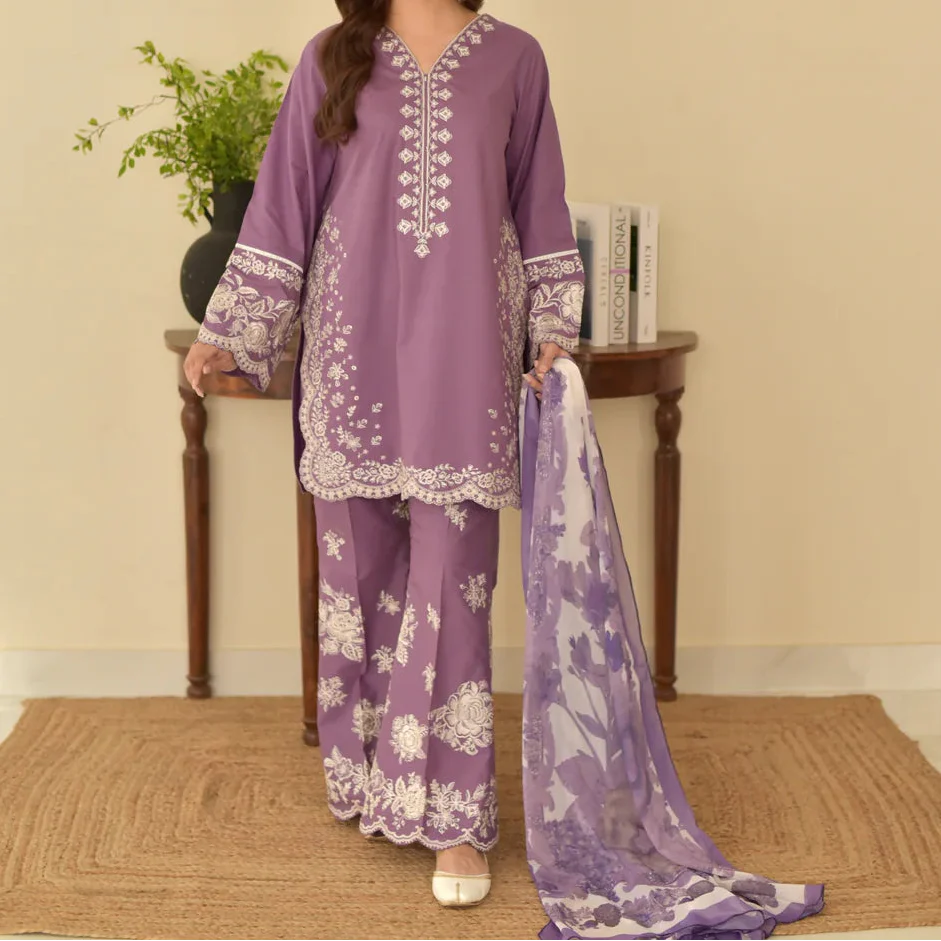 Grace Z-(S1396) - Stitched Embroidered 3pc Lawn Dress With Printed Chiffon Dupatta.