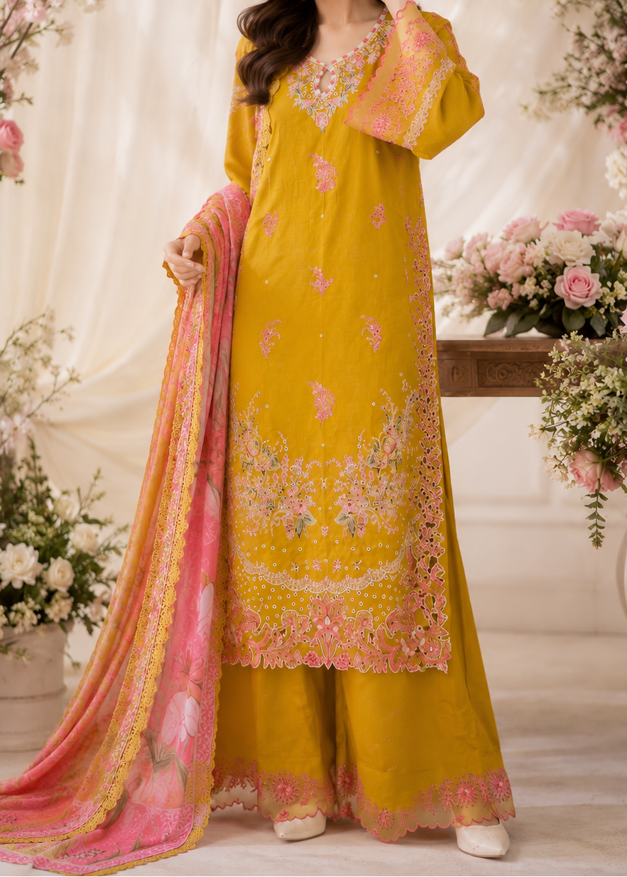 Grace S1611 - Embroidered 3pc CHIKANKARI Lawn Dress With Printed Chiffon Dupatta.