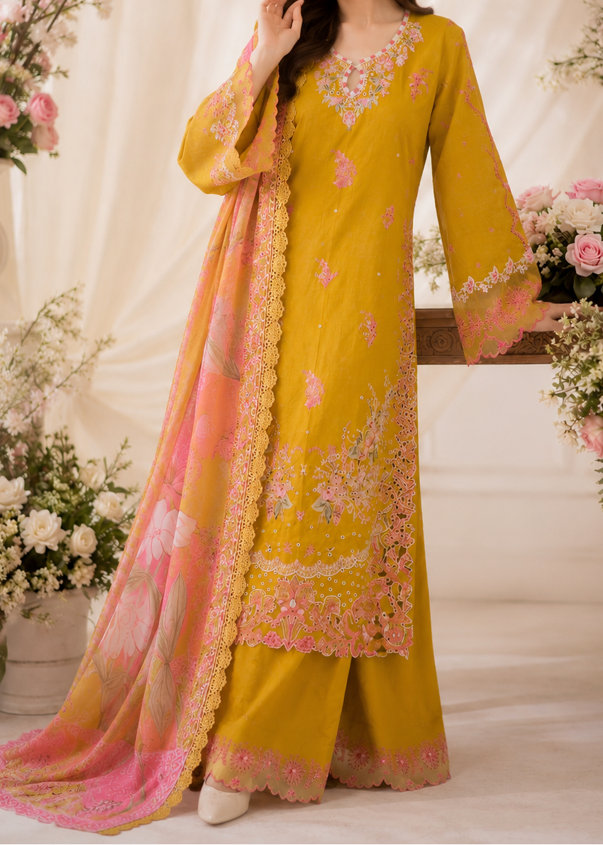 Grace S1611 - Embroidered 3pc CHIKANKARI Lawn Dress With Printed Chiffon Dupatta.