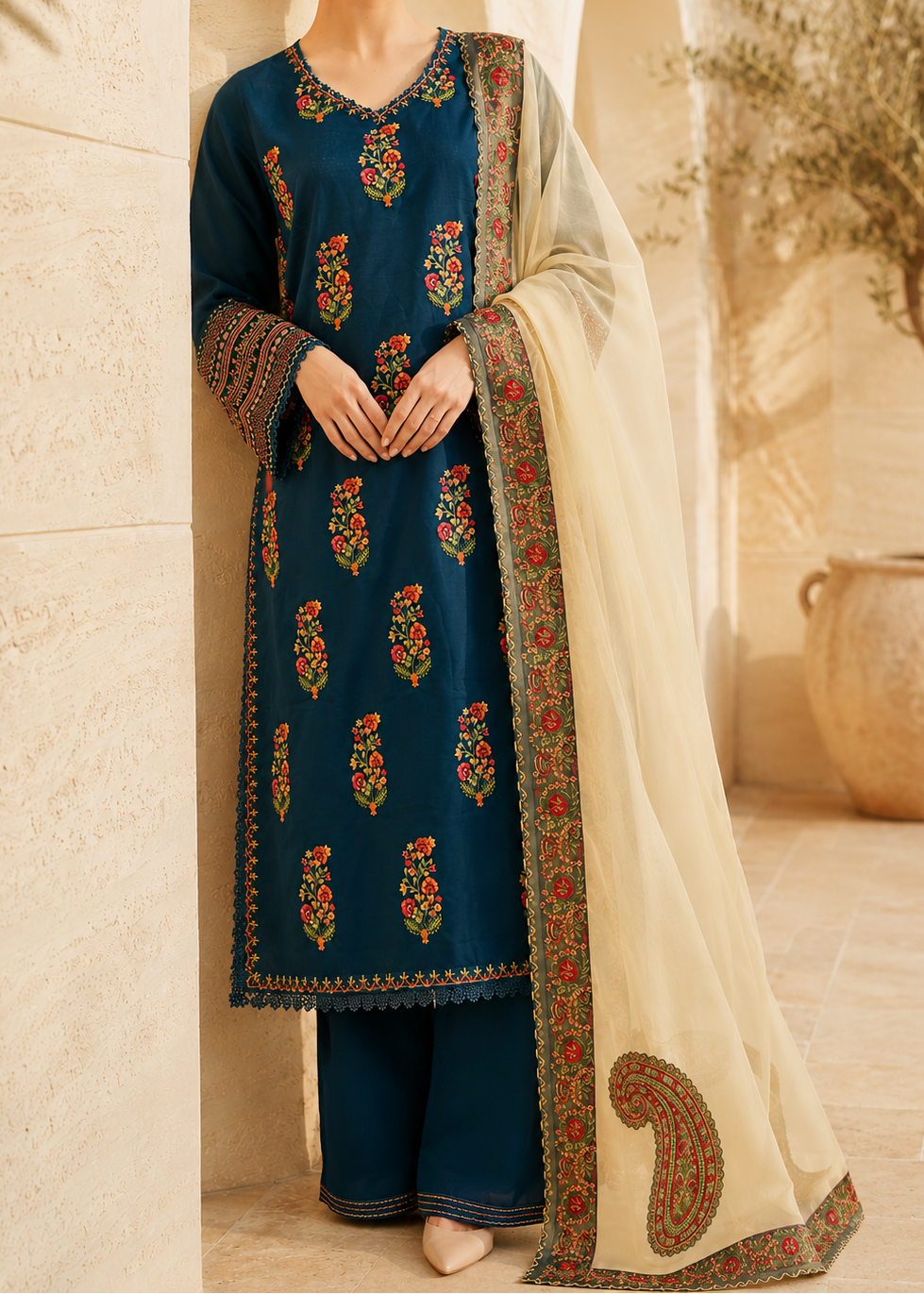 Grace W1092 - Embroidered 3pc Marina Dress With Embroidered Chiffon Dupatta.