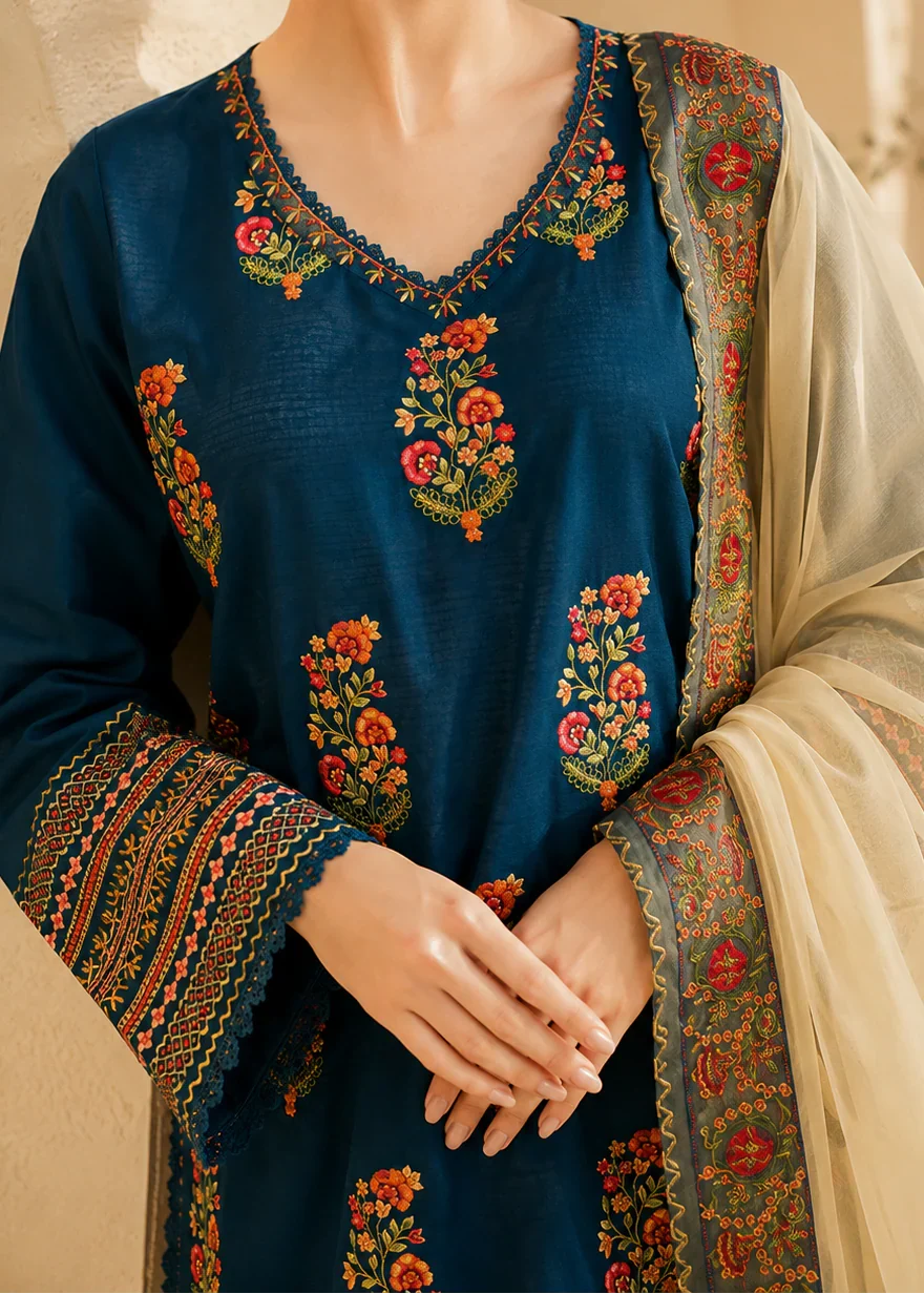 Grace Z-(W1092) - Stitched Embroidered 3pc Marina Dress With Embroidered Chiffon Dupatta.