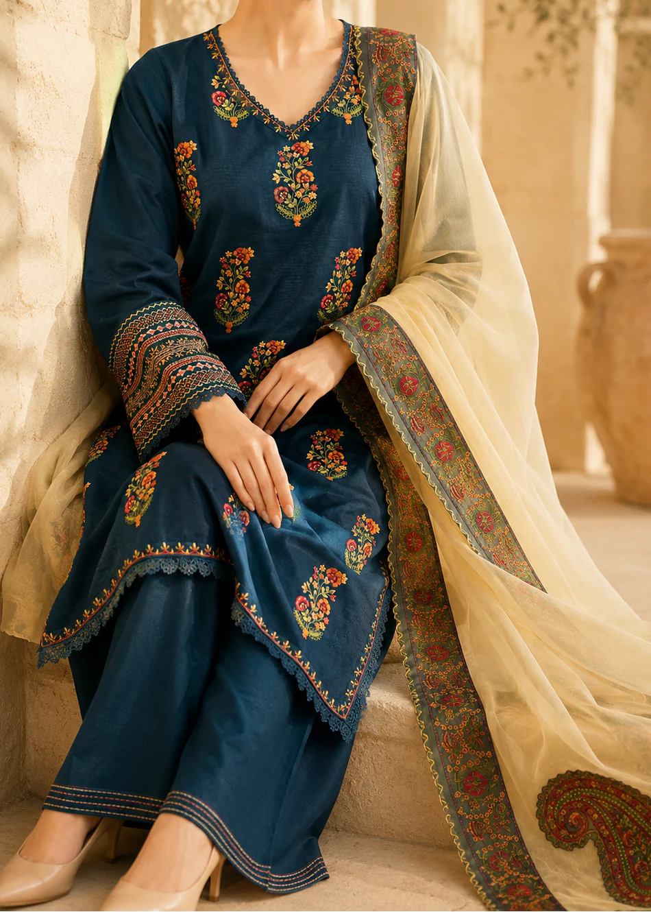 Grace Z-(S1497) - Stitched Embroidered 3pc Lawn Dress With Embroidered Chiffon Dupatta.