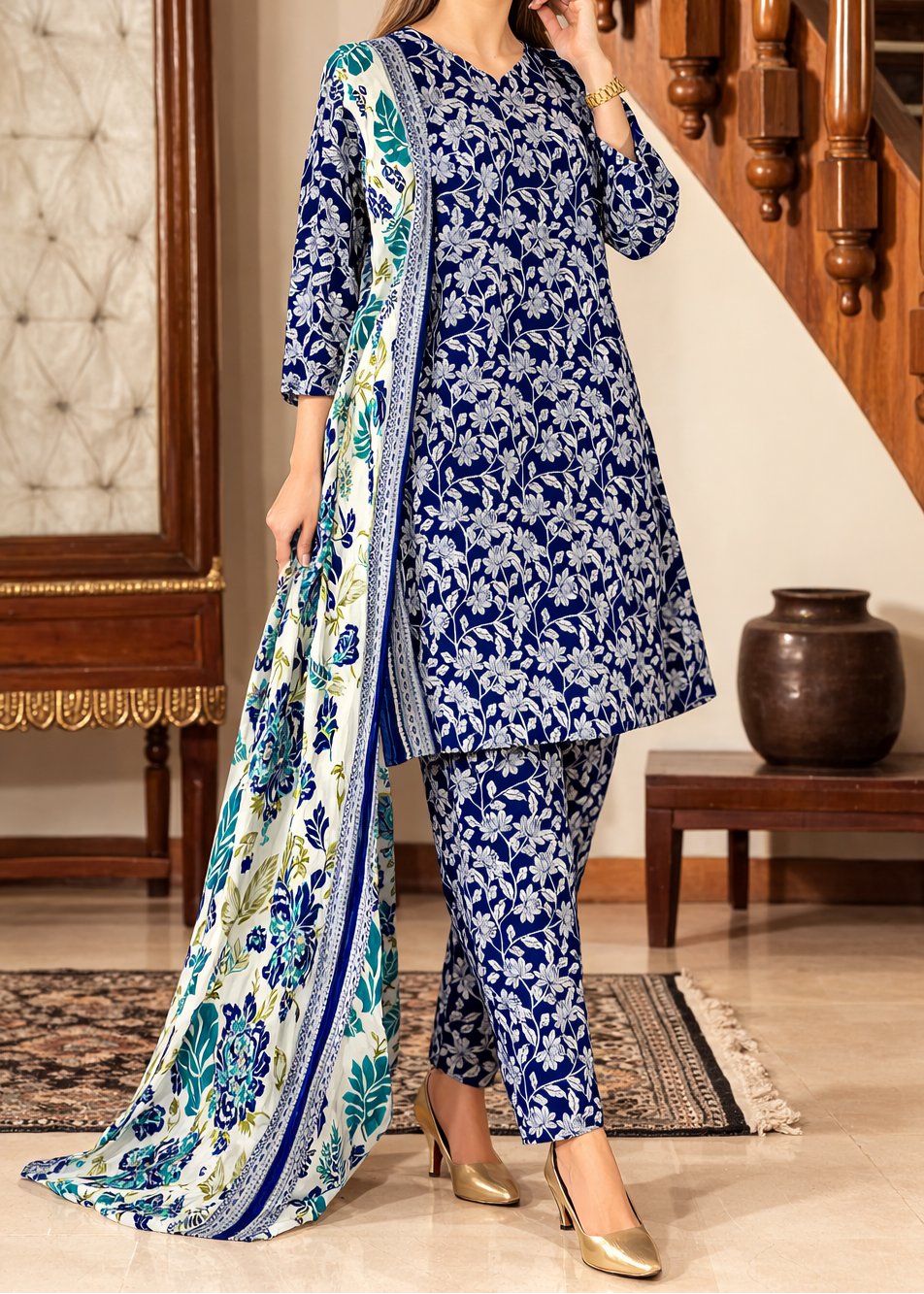 Grace S1349 - Printed & Embroidered 3pc Lawn Dress With Embroidered  Sequence Chiffon Dupatta.