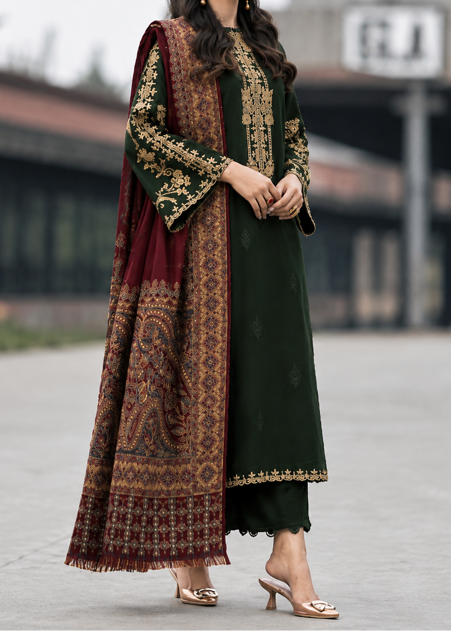 Grace W1047 - Embroidered 3pc CHIKANKARI Marina Dress With Printed Shawl.
