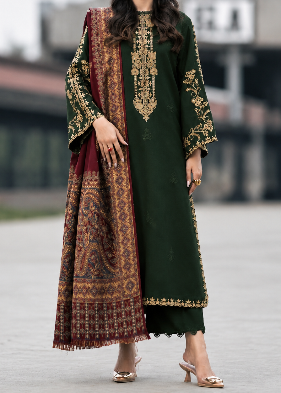 Grace W1047 - Embroidered 3pc CHIKANKARI Marina Dress With Printed Shawl.