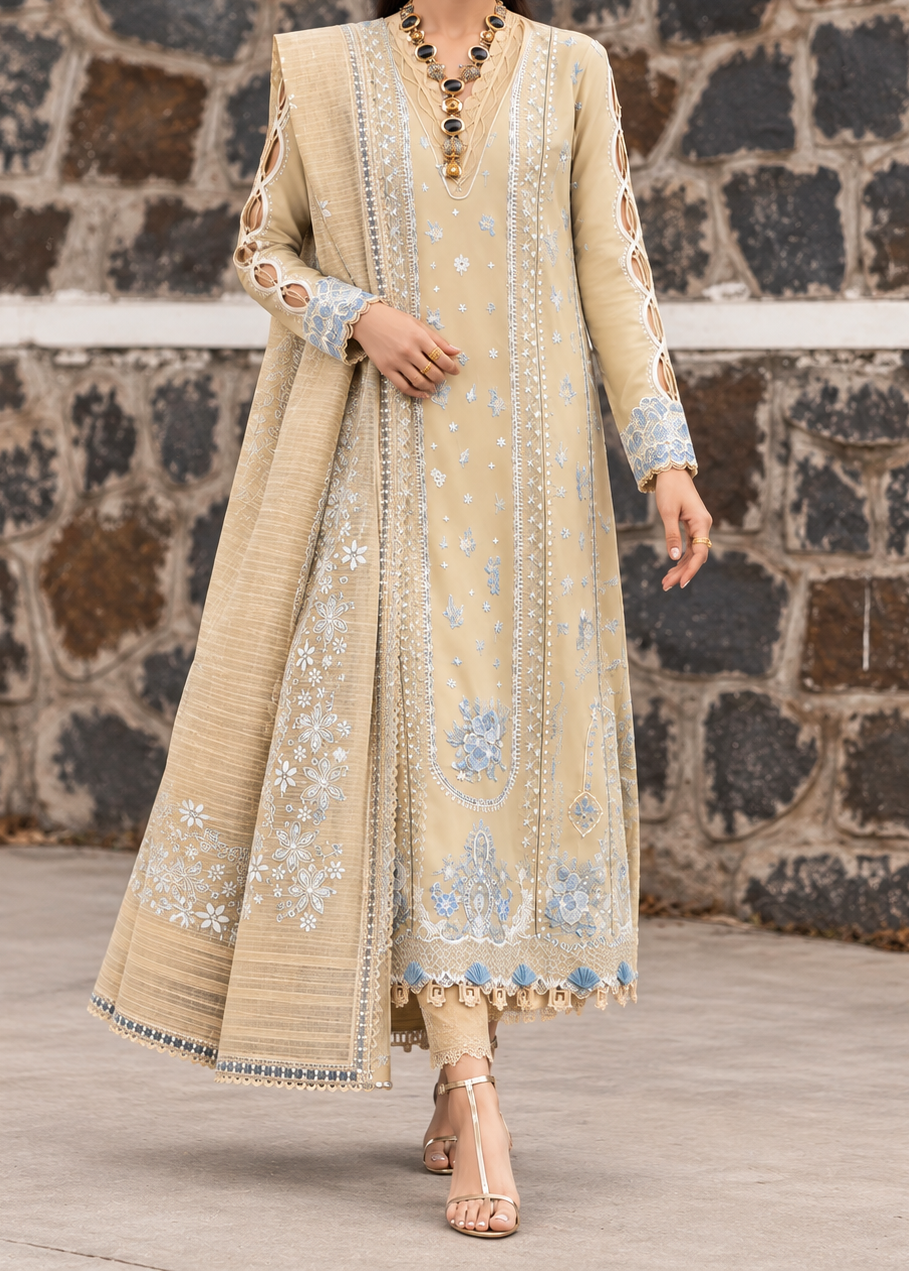 Grace W1053 - Embroidered 3pc Marina Dress With Printed Shawl.