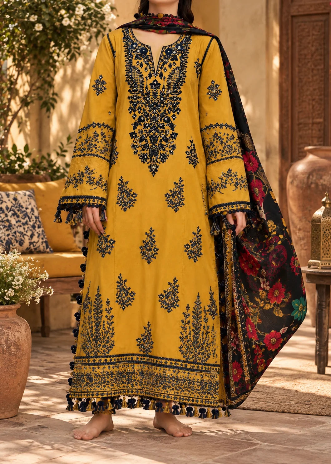 Grace Z-(W1074) - Stitched Embroidered 3pc Marina Dress With Printed Shawl.