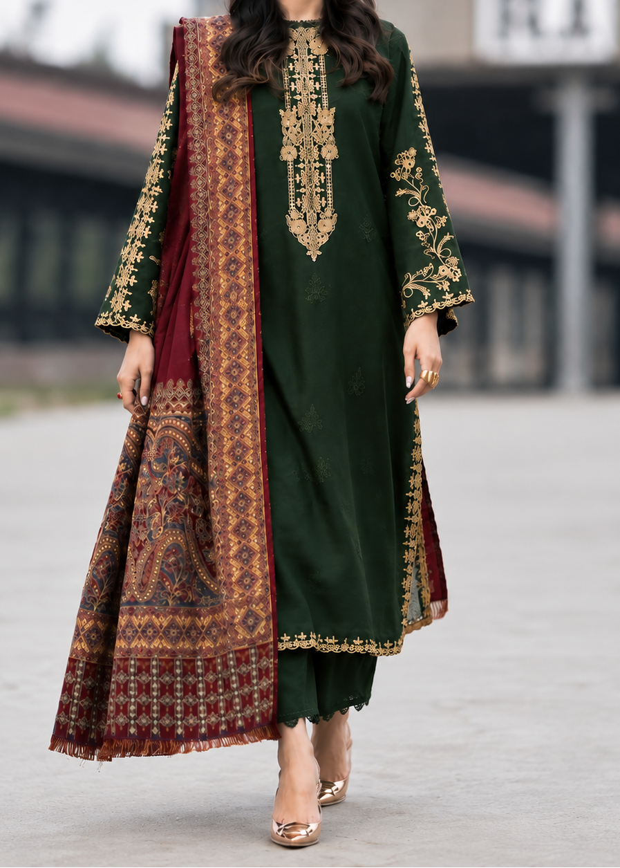 Grace W1047 - Embroidered 3pc CHIKANKARI Marina Dress With Printed Shawl.