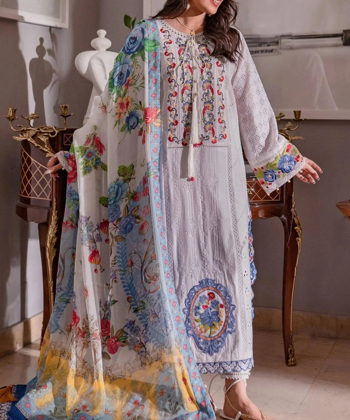 Grace S596-Embroidered 3PC Chikankari Lawn suit with Printed Silk dupatta.