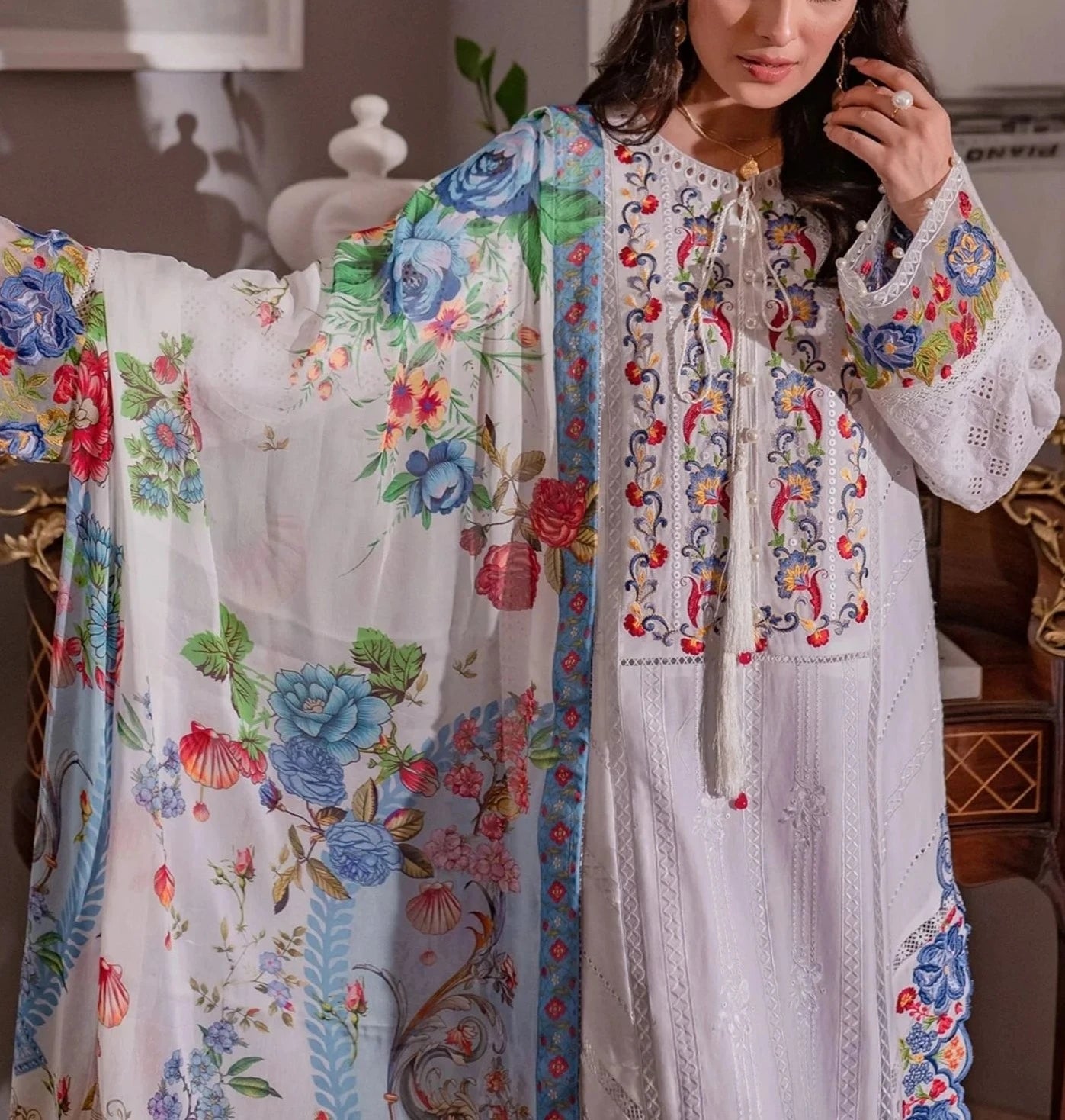 Grace S596-Embroidered 3PC Chikankari Lawn suit with Printed Silk dupatta.