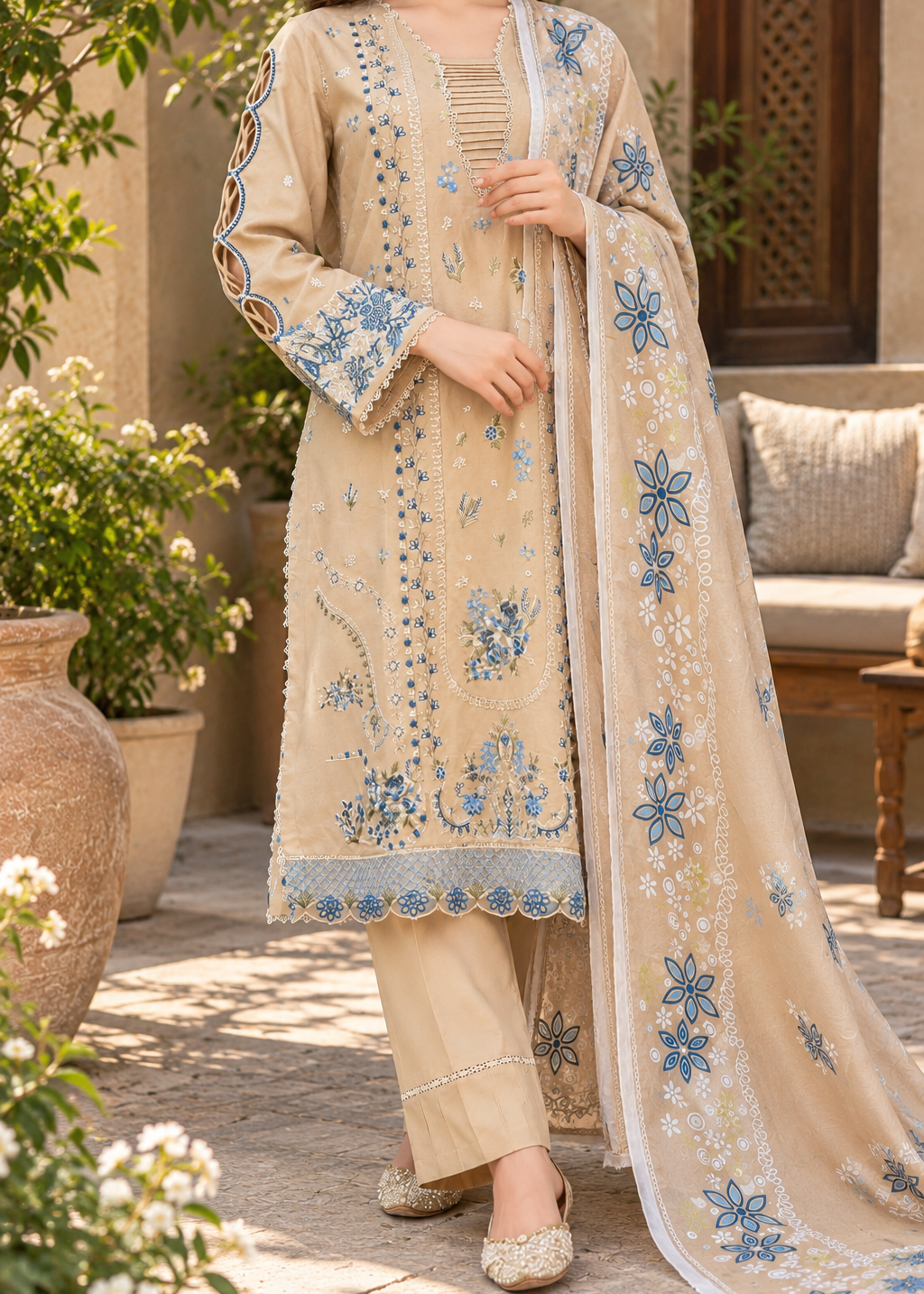 Grace W1053 - Embroidered 3pc Marina Dress With Printed Shawl.
