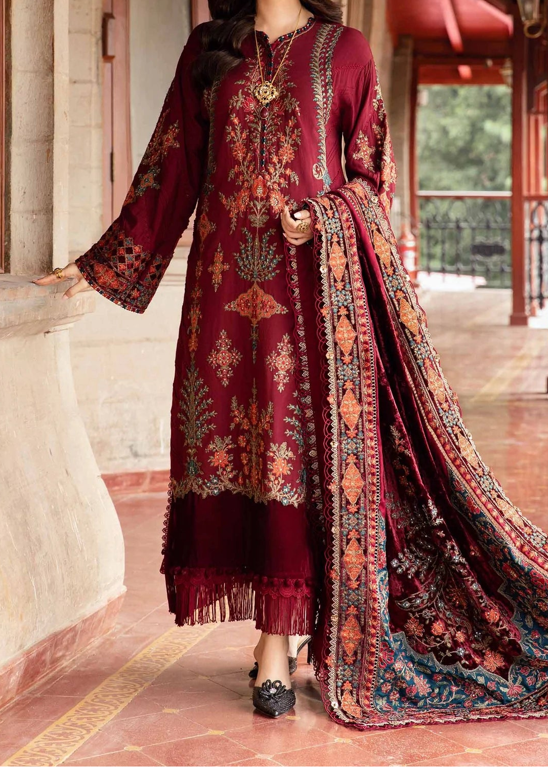 Grace W799-Embroidered 3pc Marina Dress With Printed Shawl.