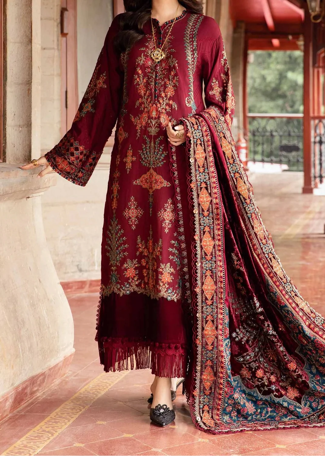 Grace Z-(W799) - Stitched Embroidered 3pc Marina Dress With Printed Shawl.