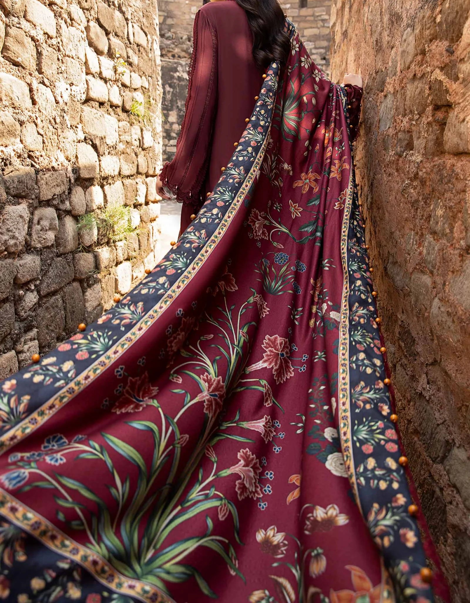 Grace Z-(W745) - Stitched Embroidered 3pc Marina Dress With Printed Shawl.