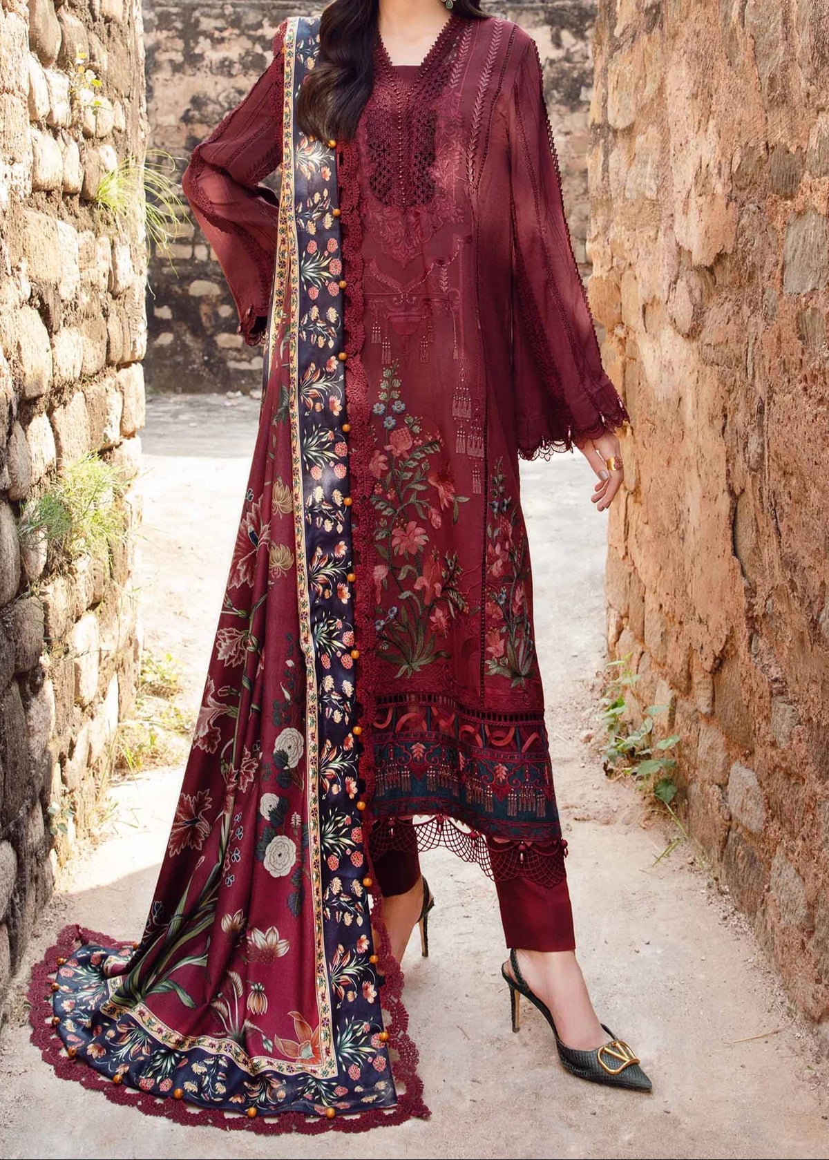 Grace Z-(W745) - Stitched Embroidered 3pc Marina Dress With Printed Shawl.