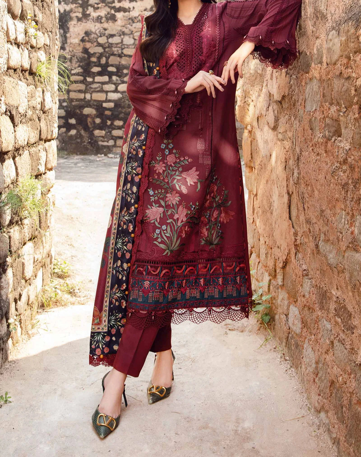 Grace Z-(W745) - Stitched Embroidered 3pc Marina Dress With Printed Shawl.