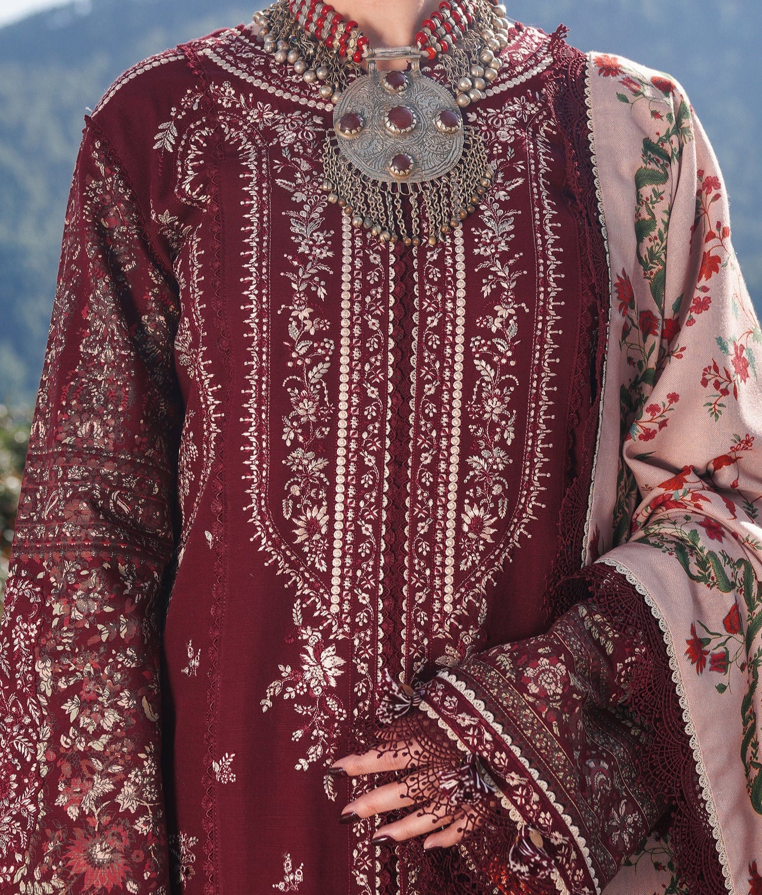 Grace W691-Embroidered 3pc Marina Dress With Printed Shawl