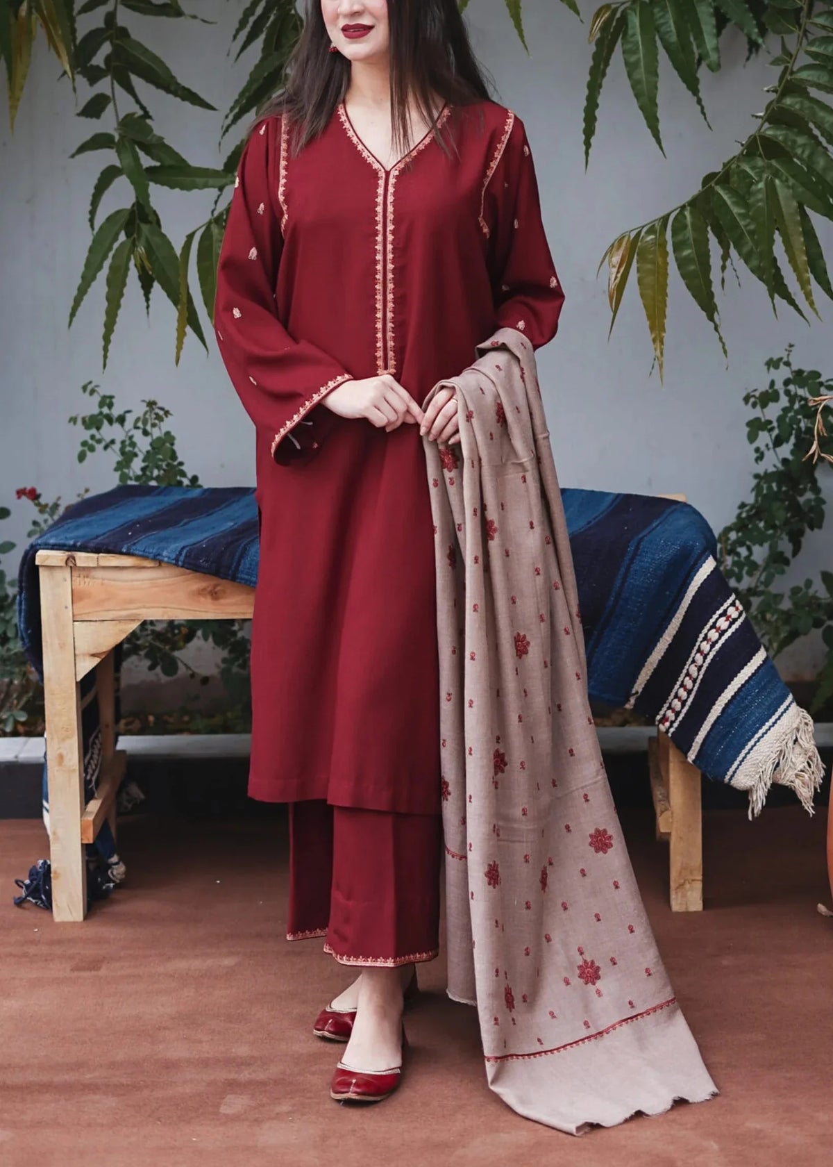 Grace Z18- Stitched Embroidered 3PC Marina Dress With Embroidered Marina Shawl.