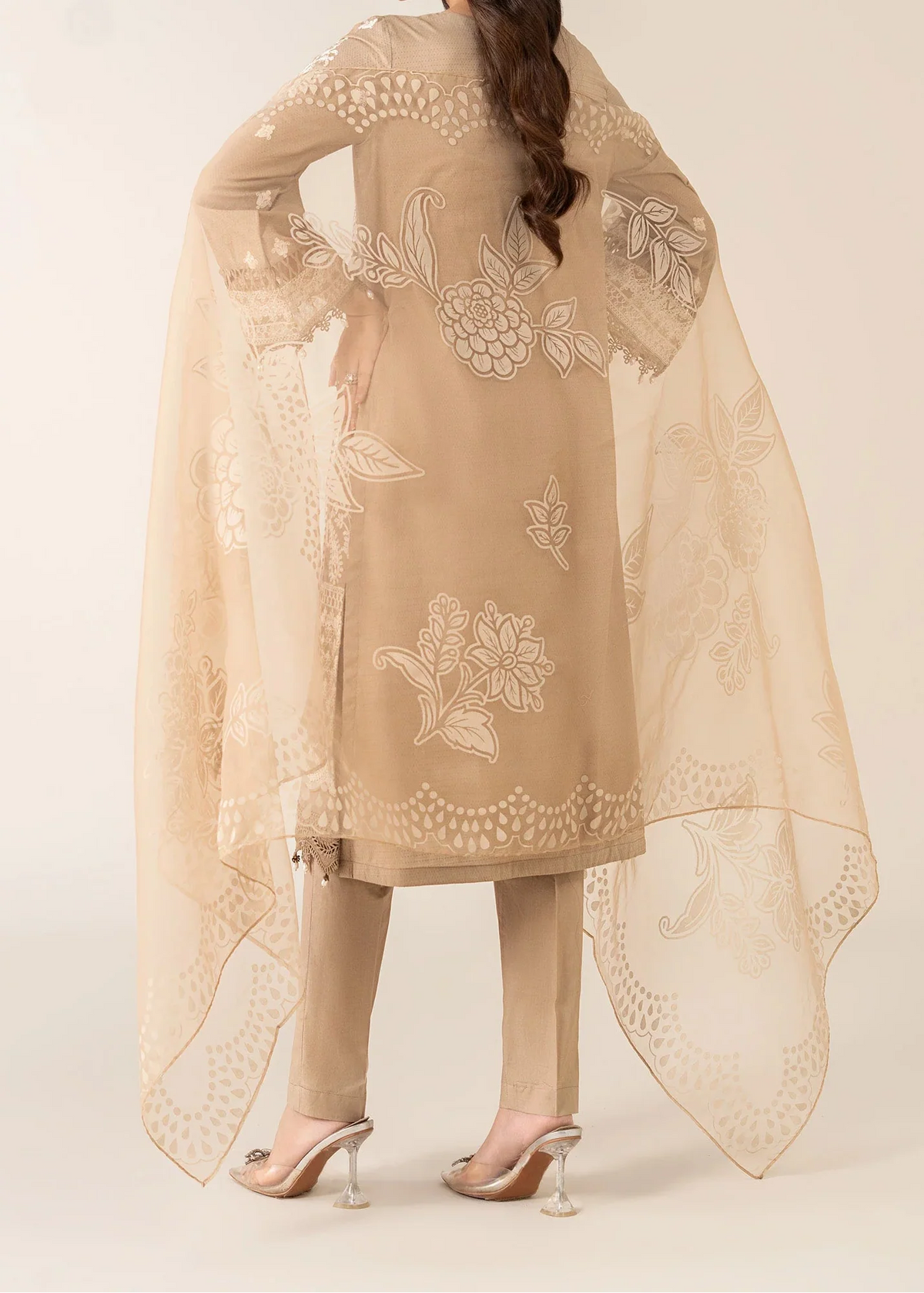 Grace Z-(W854) - Stitched Embroidered 3pc Marina Dress With Printed Organza Dupatta.